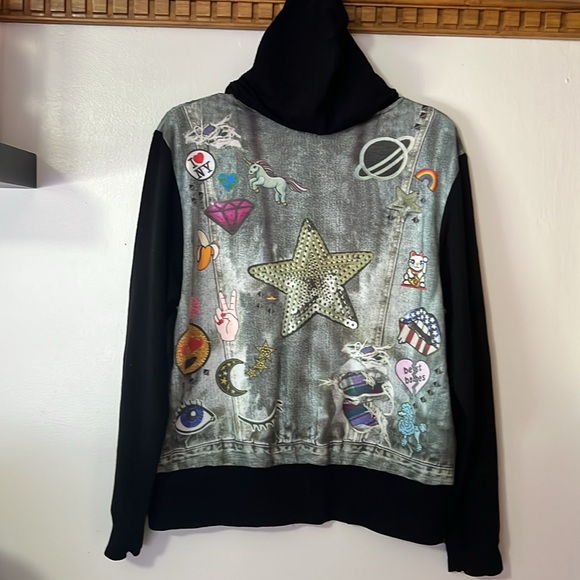 Terez Black Zip Up Hoodie Jacket with Graphic 80’s- 90’s Design. Size Medium - Picture 4 of 8